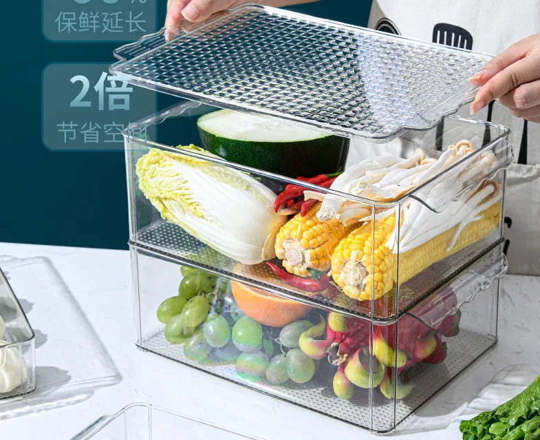 elabo Food Storage Containers Fridge Produce Saver- Stackable Refrigerator  Organizer Keeper Drawers Bins Baskets with Lids and Removable Drain Tray