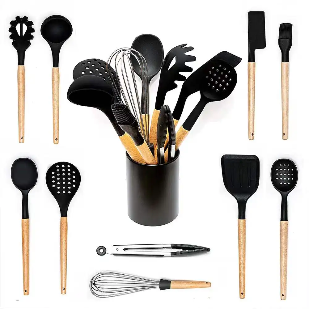 Silicone Kitchen Utensils Set Kitchen Cooking Utensils Set With Holder Wooden Handle Silicone 9221