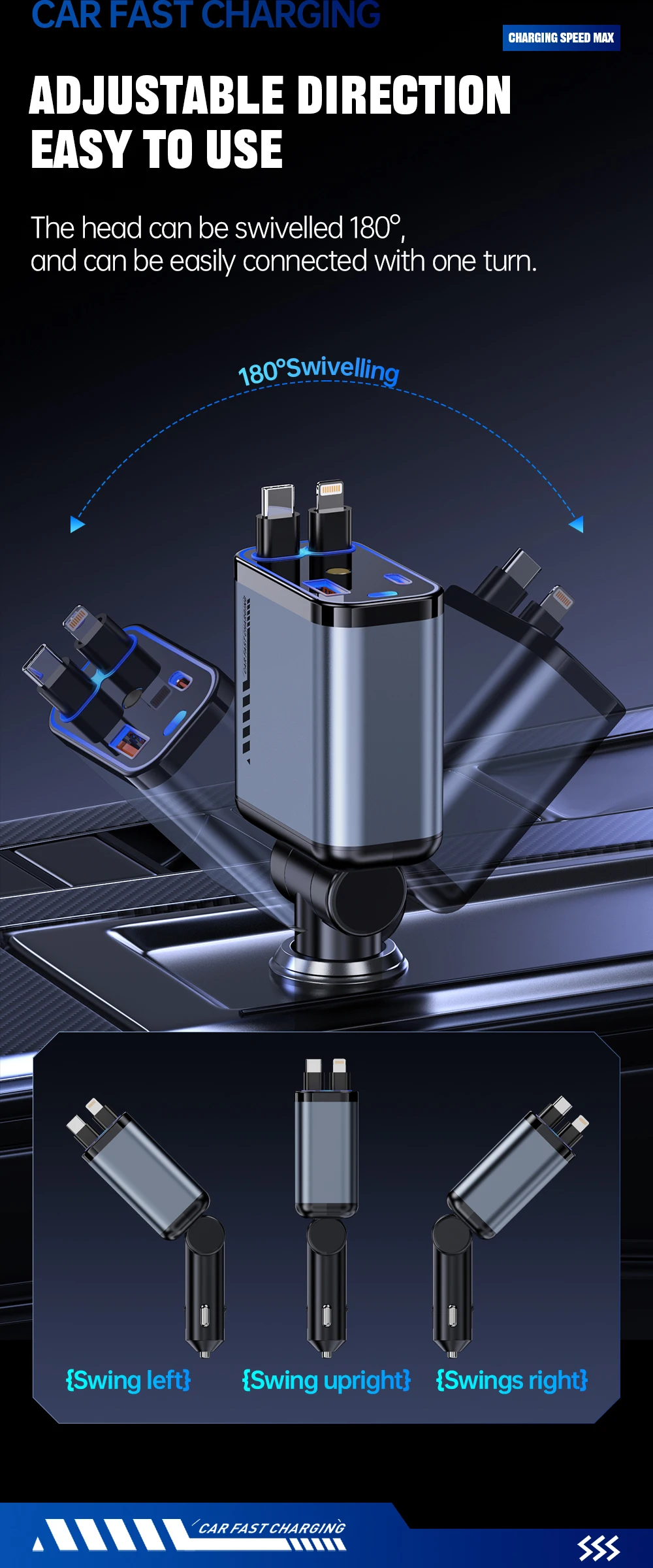 C6 Retractable Type C PD Cable Fast Charging Car Phone Charger Station Starry Sky Ambient Light Quick Adapter for Mobile