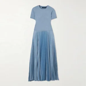 Clothing Manufacturer Custom Spring Summer Crew Neck Short Sleeve Panel Wool Pleated Women Midi Dress