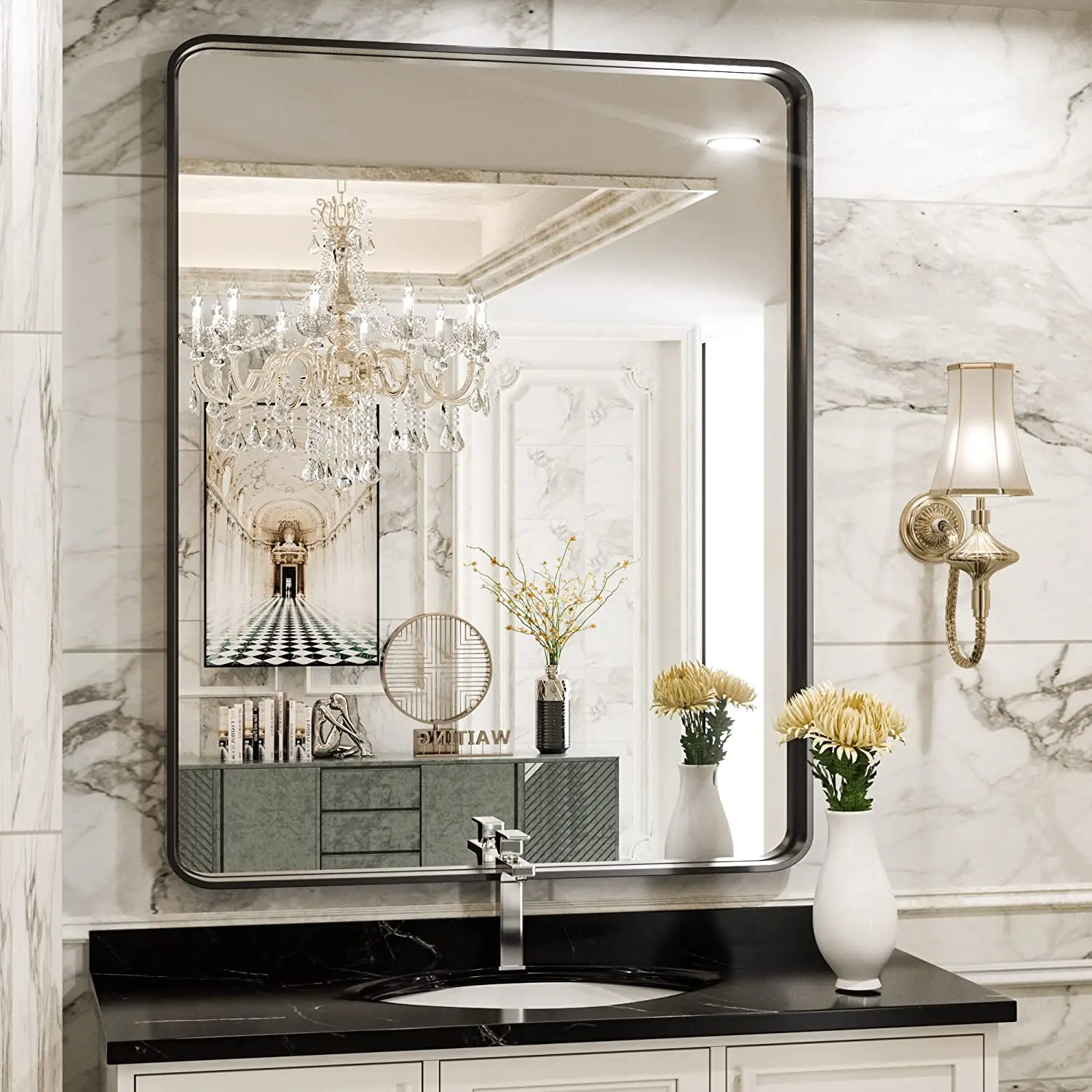 Rounded Corner Rectangular Decorative Aluminum Frame Anodized Mirror Wall Oversized Black Metal Frame