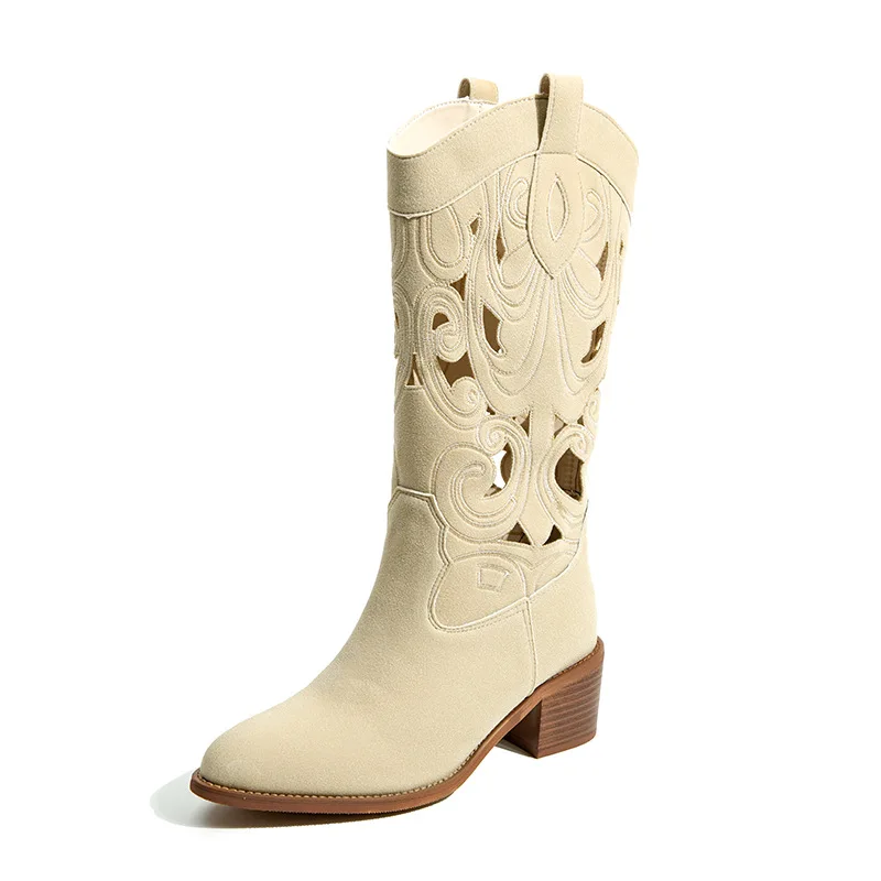 Ladies Wood Low Heels Suede Hollowed Out Sandals Boots Embroidered Ankle Women Mid-calf Western Cowboy Boots - Image 3