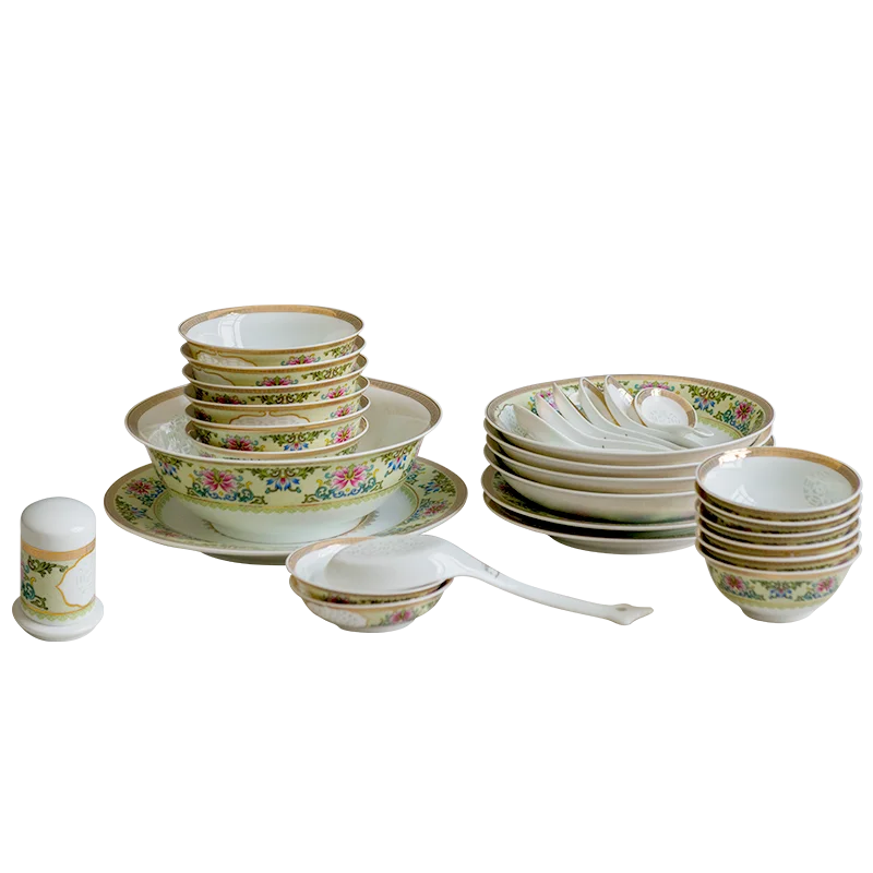 Ensemble de bols et d'assiettes en porcelaine exquise colorée sous glaçure de Jingdezhen, vaisselle de ménage en porcelaine blanche à bord doré