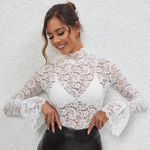 2025 New Women's T-shirt, Sexy Cashew Flower Lace Slimming Bodycon Top for Outwear  with Flared Sleeves