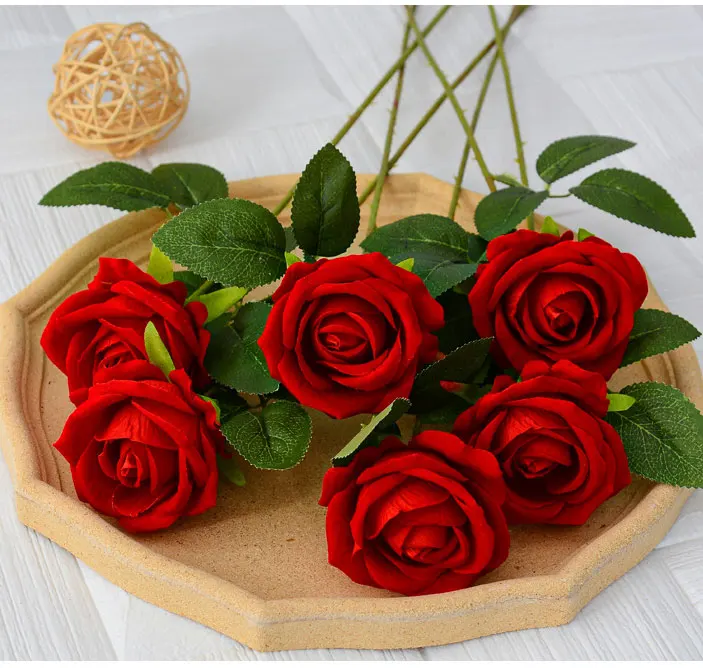 Single Velvet Real Touch Roses Wedding Artificial Flowers For Wedding
