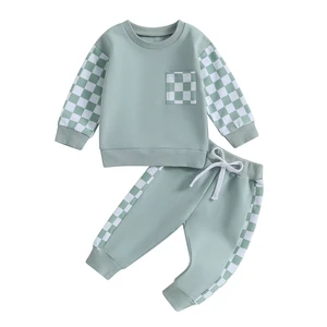 Hot Sale Spring Boy Plaid Style Color Block Sweatshirt Sets 2 Piece Sets Kids Fashion Sets