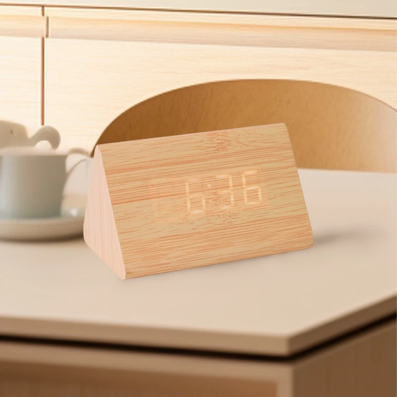 Popular LED Wooden Smart Voice Activated Triangle Digital Wood Clock Dual Power Supply Wooden Alarm Clock