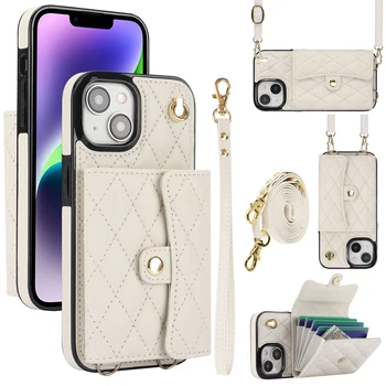 Leather Wallet With Strap Phone Case For iPhone 15 14 13 pro max Card Holder Pu Phone Case Cover For iPhone 15 for women