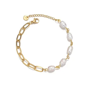Fashion Fine 304Stainless Steel Jewelry Charm Bracelets Half Pearl Half Chain 14K Gold Plated Bracelet for Women Girl's Gift