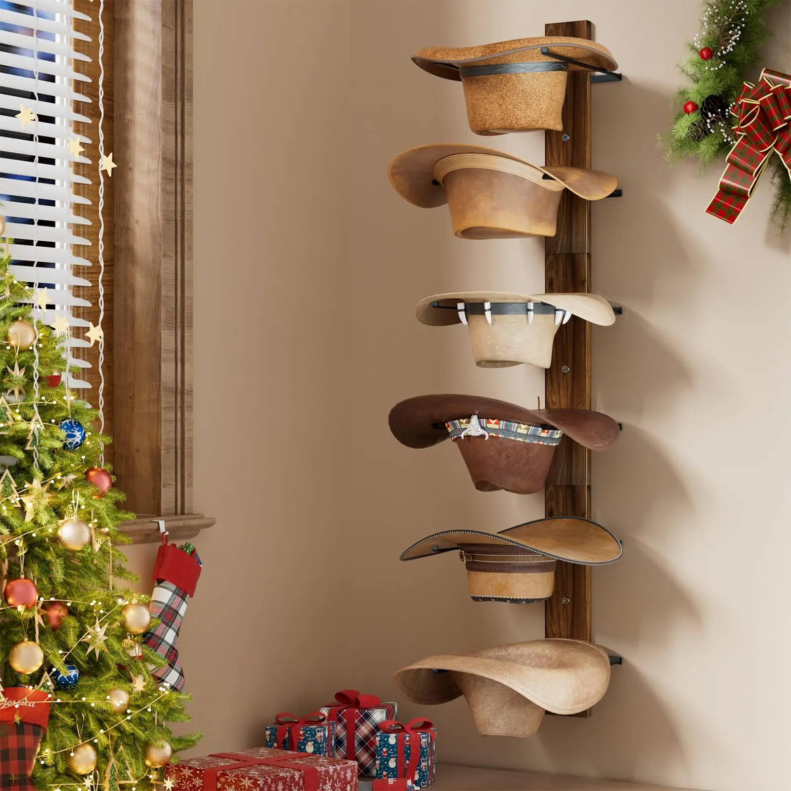 product wall mounted cowboy hat rack 6 tier wooden hat hanger for western hats caps accessories hat holder large brim hat organizer-3
