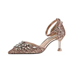 2021 новые туфли на высоком тонком каблуке, со стразами; Обувь Золушки; Туфли; Женские туфли-лодочки; Женские туфли на плоской подошве с острым носком и с украшением в виде кристаллов; Обувь для вечеринки, свадебные туфли 6,5 см каблуке