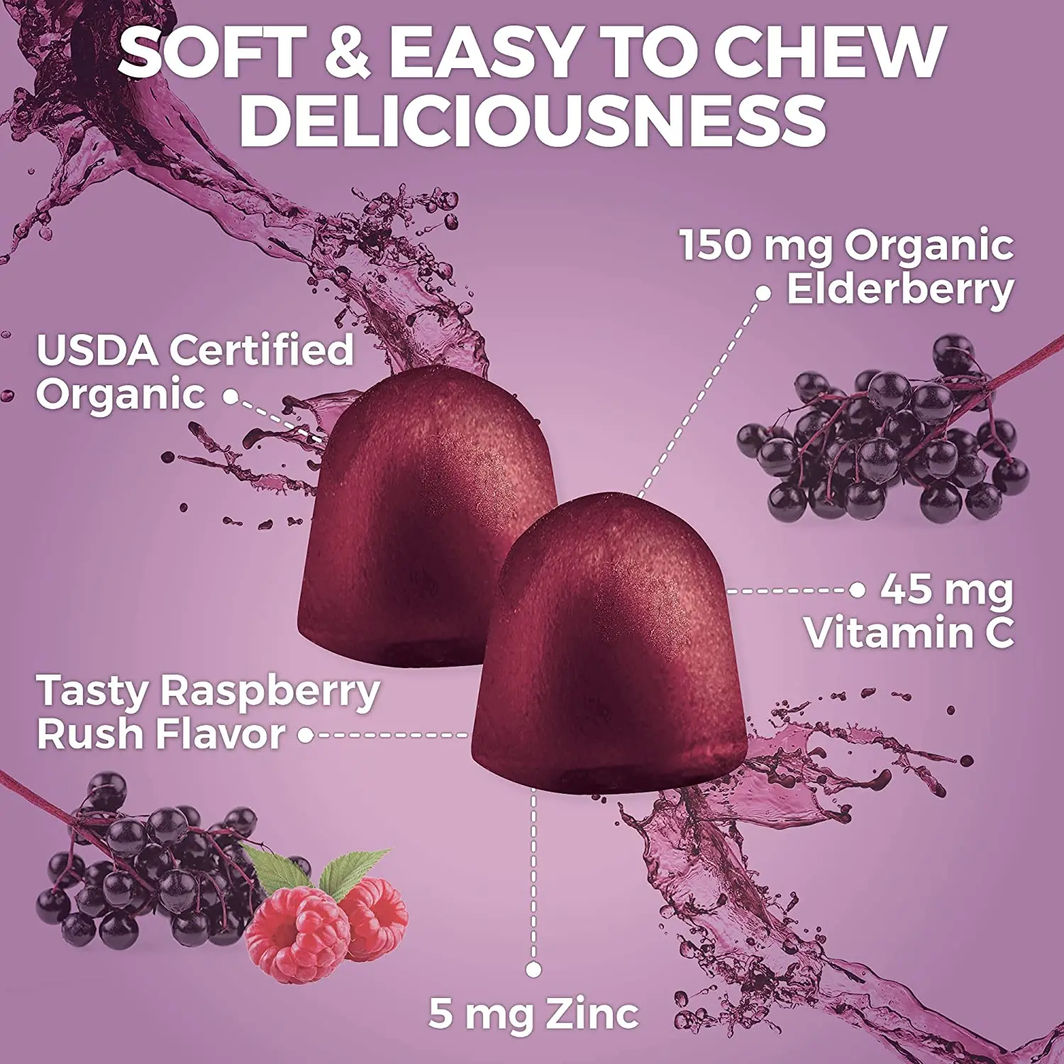 Adults Herbal Supplement Immune Support Organic Sambucus Black Elderberry Gummies With Zinc Vitamin C