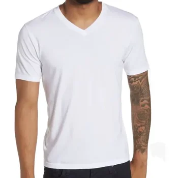 Wholesale Custom V Neck 60 Cotton 40 Polyester Blend Mens White T Shirt