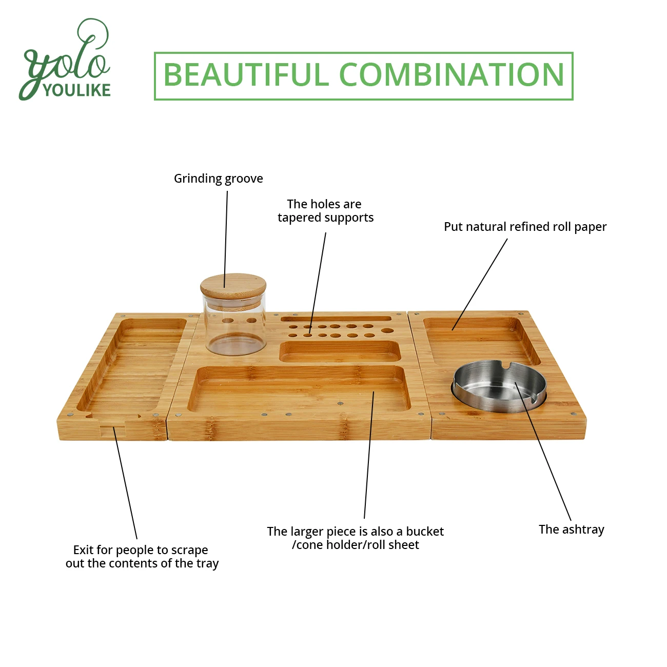 Triple Flip Bamboo Rolling Tray 3 In 1 Foldable Wood Cigarette