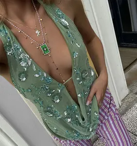 Glitter Deep V Neck Sexy Tank Tops Women Vest Pullovers Summer New Sparkle Backless Cropped Tops Elegant Beach Tops