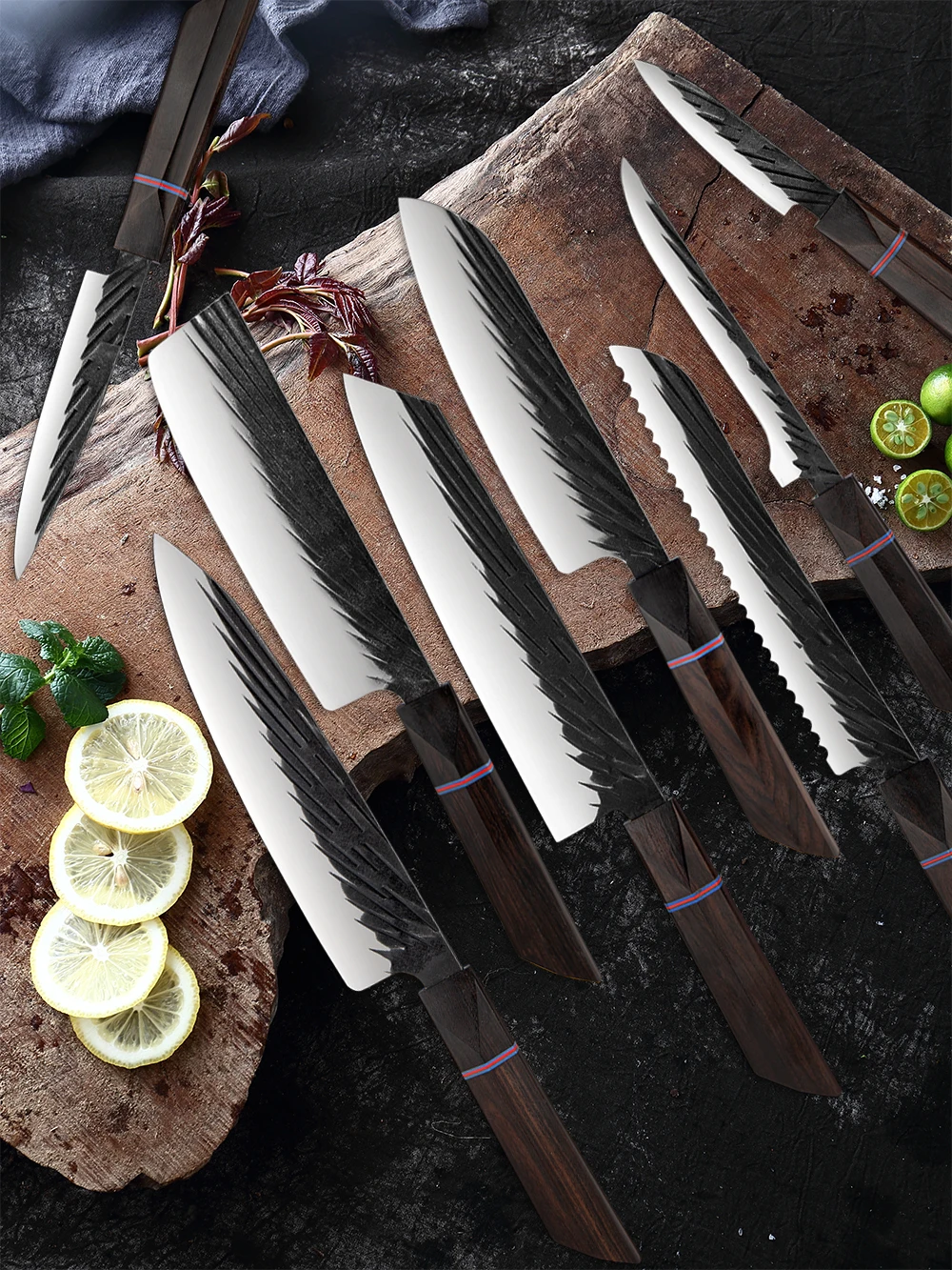XITUO 8 Sets Kitchen knives Handmade Forged Japanese Sharp Chef Knife 440C Steel Cleaver Kiritsuke Santoku Utility Paring Knife