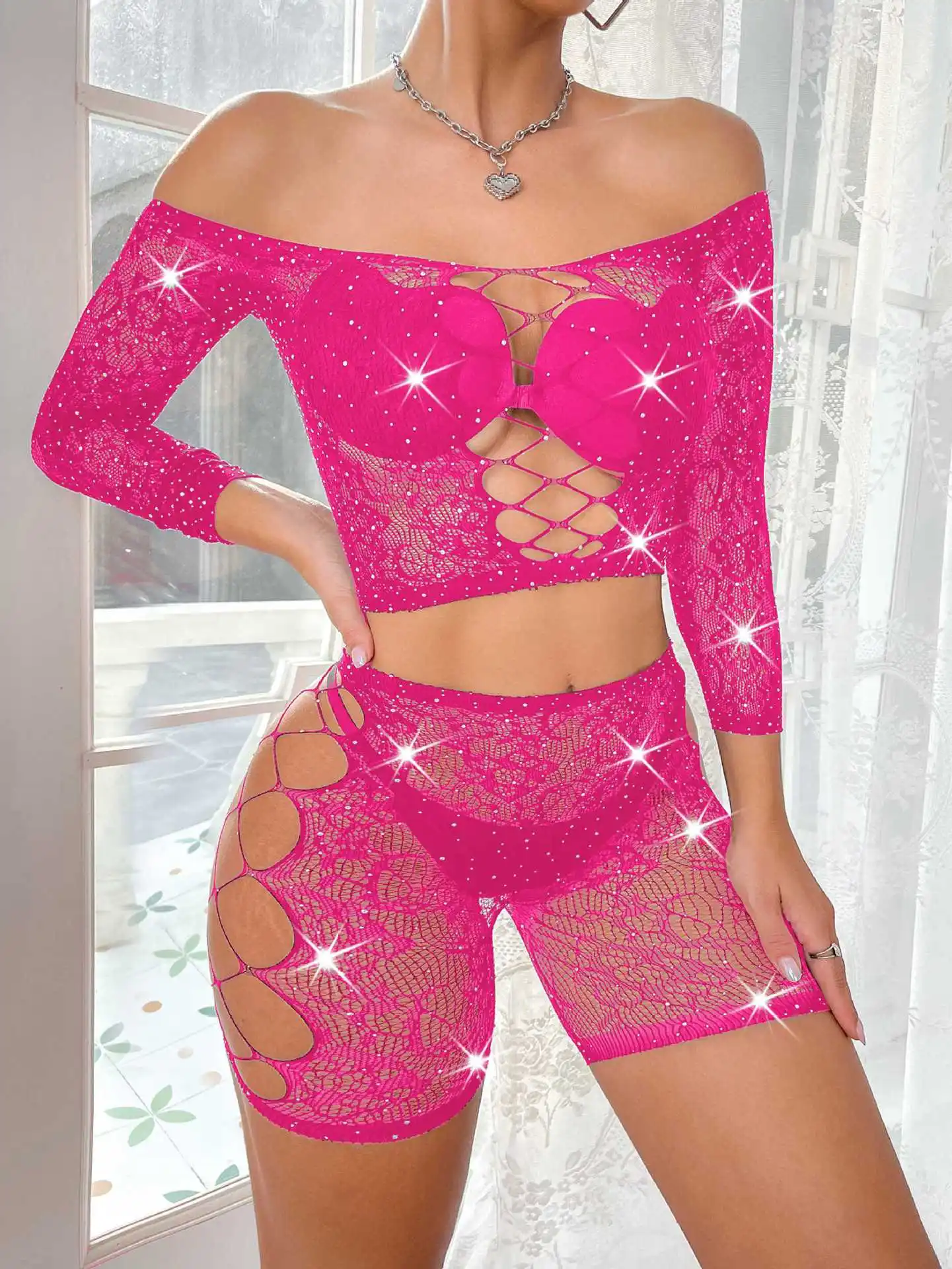 Sexy Hot Diamond Sparkling Fun Network Lingerie Set Long Sleeve Top