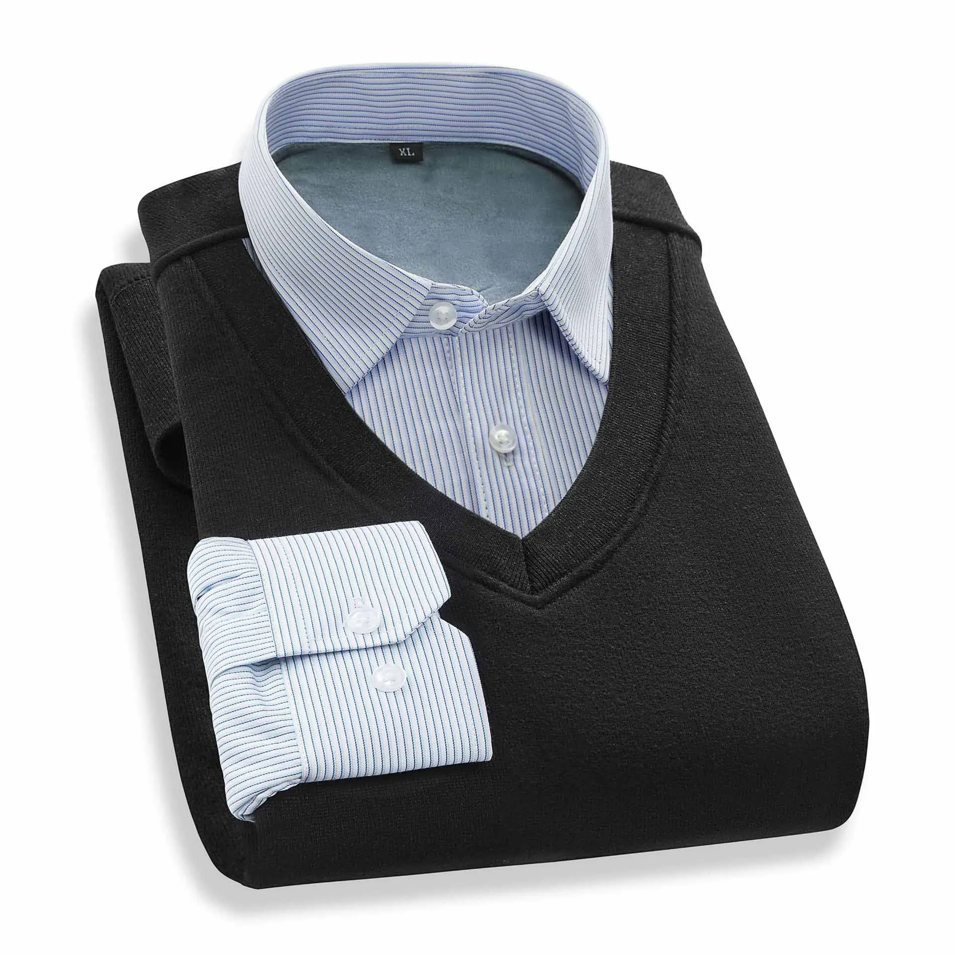Winter Plush Thick Fake 2 Pcs Shirt Men's Business White Winter Plush Thick Fake 2 Pcs Shirt Men's Business White