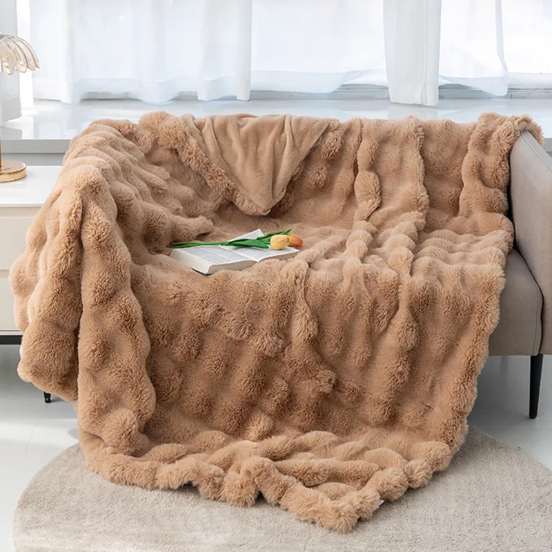 New popular Soft Fashion Warm Bubbly rabbit hair  solid color Throw Blankets for Winter warmer