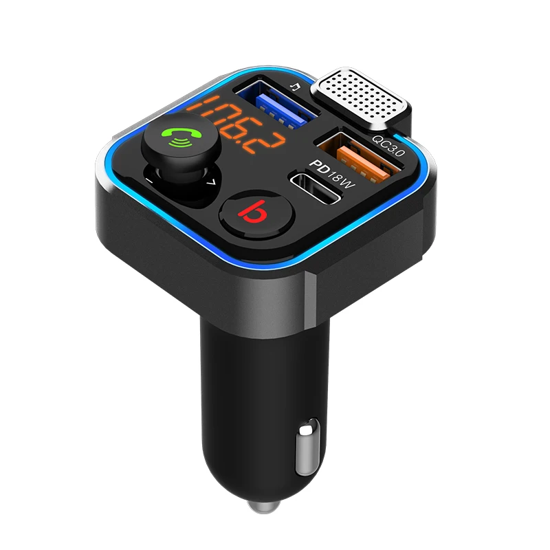 QC3.0 USB Car Charger Audio Car Mp3 Player fm transmitter  BT5.0 Handsfree Car Kit colorful led breathing light