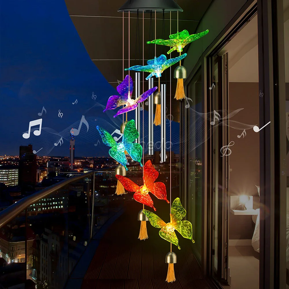 Ветряные колокольчики на солнечной батарее для украшения сада трубки из алюминиевого сплава ветряные с бабочкой и