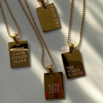 2021 Hiphop Personal Engraved Letter Message Square Pendant Necklace Beads Chain Stainless Steel Gold Necklace