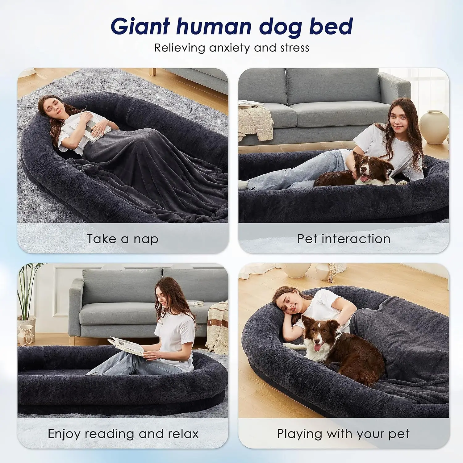 Large Human Dog Bed Human-Sized Big Dog Bed for Adults & Pets Giant Beanbag Bed with Washable Fur Cover, Blanket and Strap