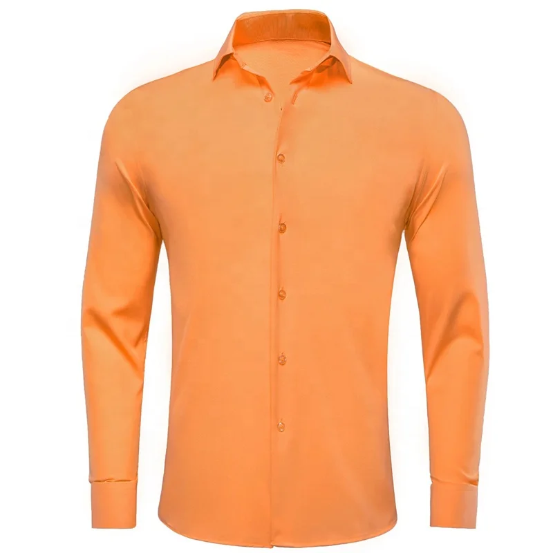 Pure Light Orange Soild Men's Plain Button up Regular Fit Long Sleeve  Shirt, Mens Clothing in Orange Fashion