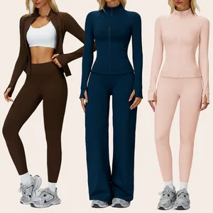 Custom logo Women Nude Fitness Jacket Suit Wide Leg Pants Stretchy Sports Clothes Set Running Fitness Wear Suit