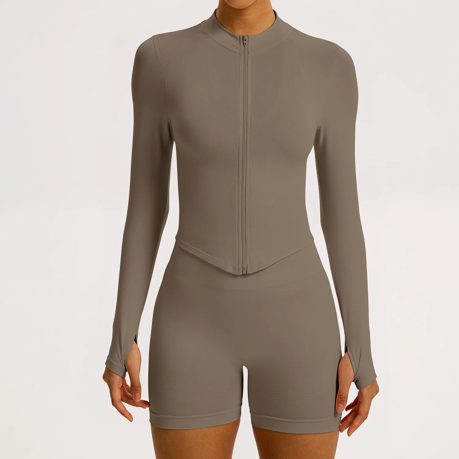 Slim Fit Zipper Stand Collar Long Sleeve Yoga Jacket Sets Tummy Control Color Blocking Q detail