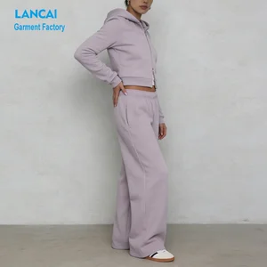 Clothing Manufacturer Custom French Terry Zip up Hoodie Set Two Piece Casual Cropped Sweatshirts and Jogger for Women