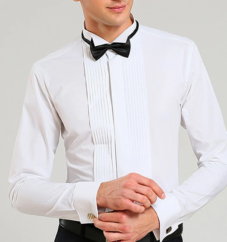 Mens White Black Cotton Dress Covered Button Collar Male Work Shirt