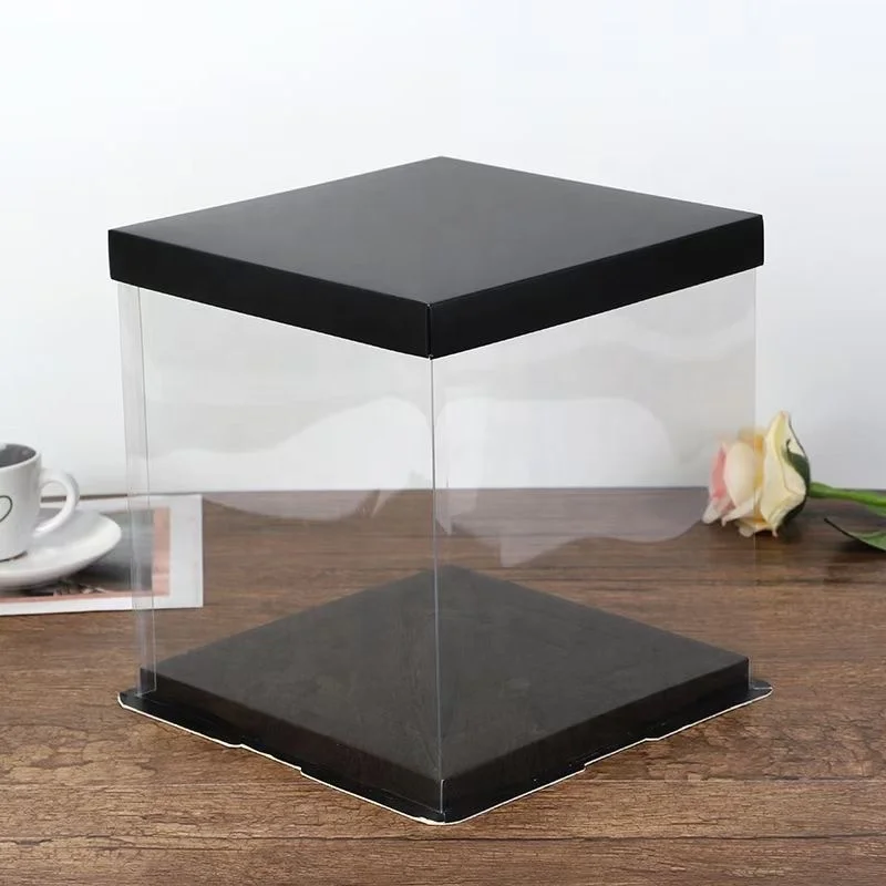 Transparent clear Plastic Cake Box with Ribbon and Print Flower Round Gift Box White Black Blue pink Gold Silver