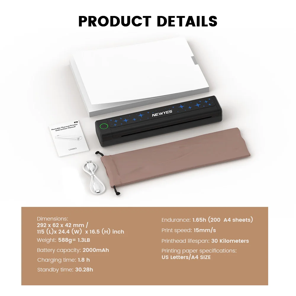 RYYES BT Interface Free APP A4 Size Wireless Small Size Mobile Phone Use Mini Portable Thermal Printer for Travel