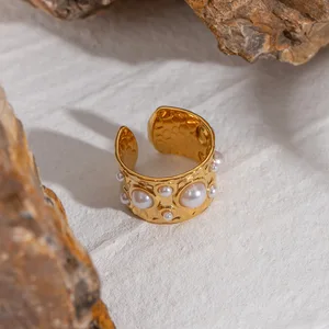 MW Women's Stylish 18K Gold-Plated Stainless Steel Ring - Wide Band with Hammered Texture, Pearl Inlay, Open Adjustable Jewelry