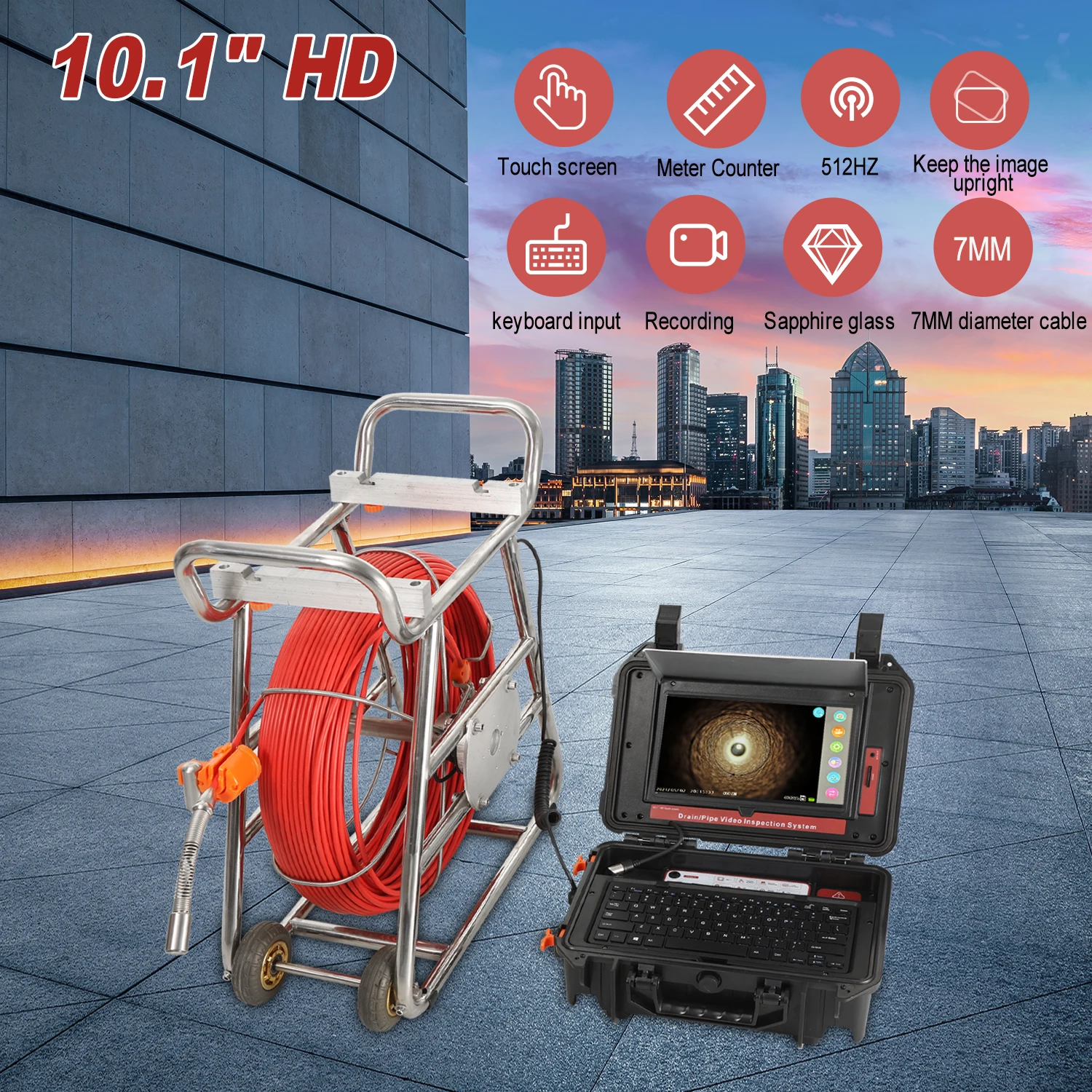 Pipe Camera 10.1inch1080P Touch Screen 512Hz Transmitter Self-leveling Sewer Video Camera Meter Counter Inspection Camera Pipe With Locator supplier