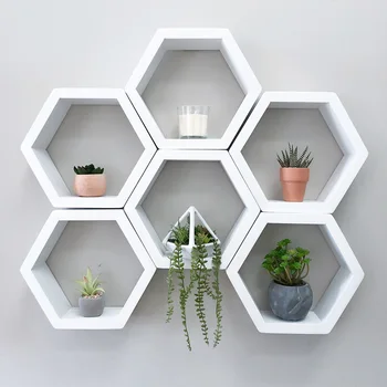 Set of 6 White Honeycomb Shelves Wood Storage Shelf Display Geometric Wooden Floating Hexagon Wall Shelf Kitchen Furniture