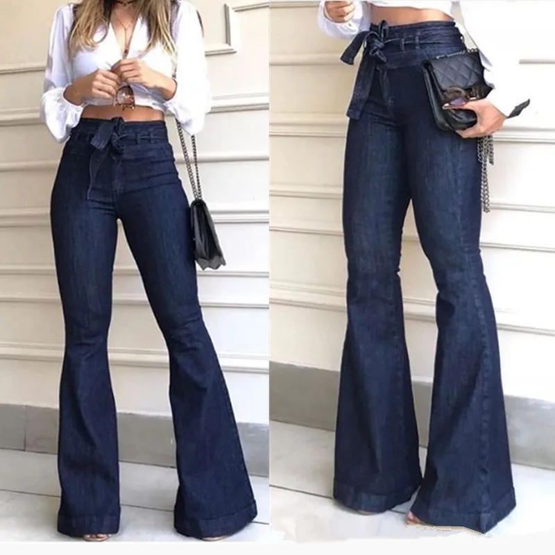 Wholesale Custom Woman Jeans Boot Cut Flare Bell Bottoms Ladies Lace up Mujer Denim High Waist Jeans Pants for Women