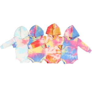 Skin-Friendly 100% Cotton Infant Hooded Long-Sleeve Tie-Dye Rompers with Snap Crotch for Daily Wear & Spring/Fall