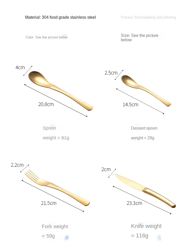 304 Stainless Steel Flange Wire Titanium-Plated Rose Gold Knife Fork and Spoon Four-Piece Tableware Set Western Food Hotel Steak