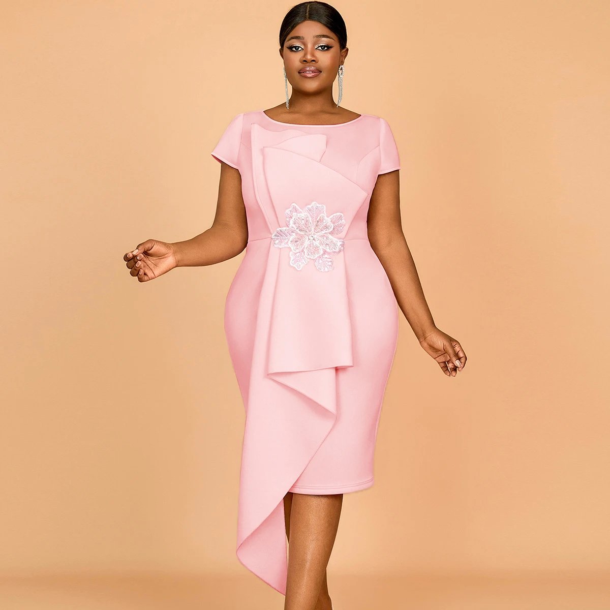 AM050109 Boat Neck Short Sleeves Ruched Applique Outgoing Women Pencil  Casual Dresses Pink