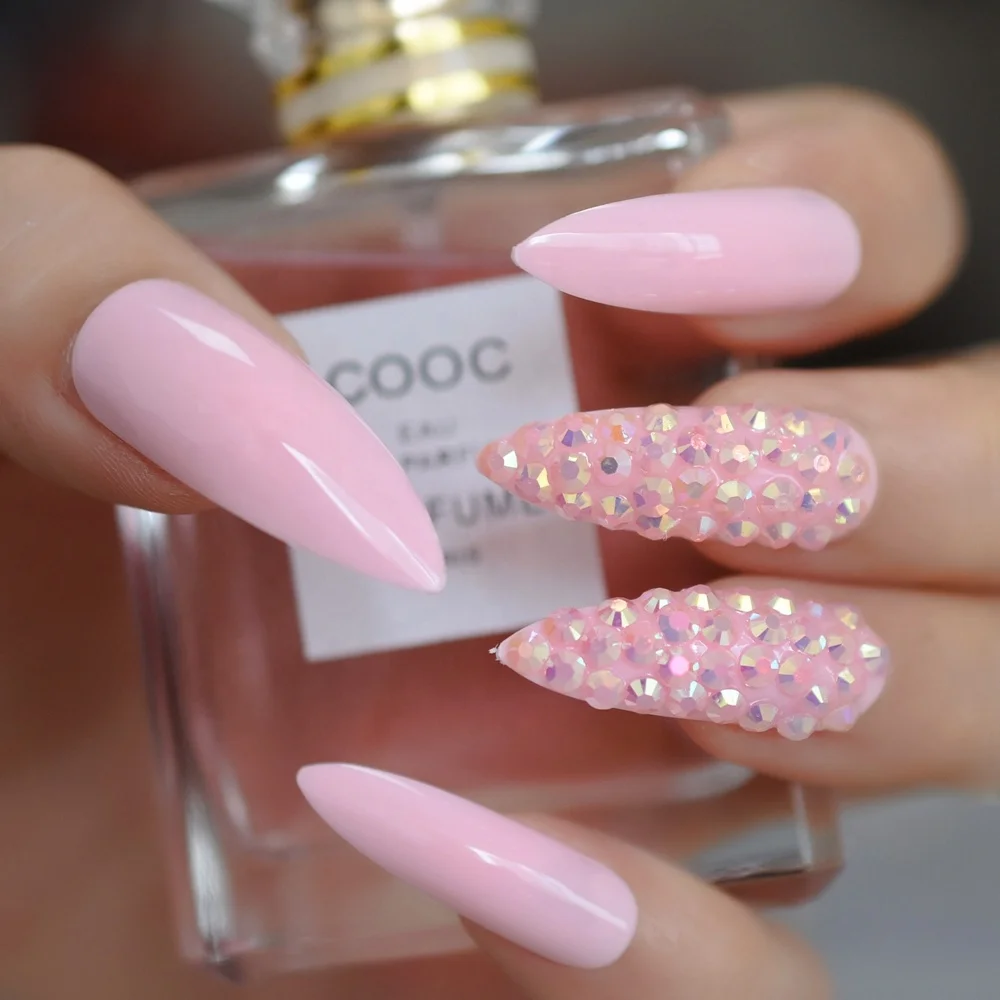 Long Pink Rhinestone 3D Fake Nail Tips Sparkling Stiletto Shiny Full Cover  False Nail Gorgeous Long Sharp Nail Tips