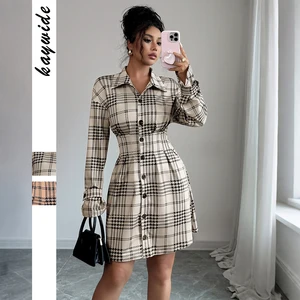 Women's dresses Plaid modest dress turn down collar button long sleeve casual midi dresses for ladies
