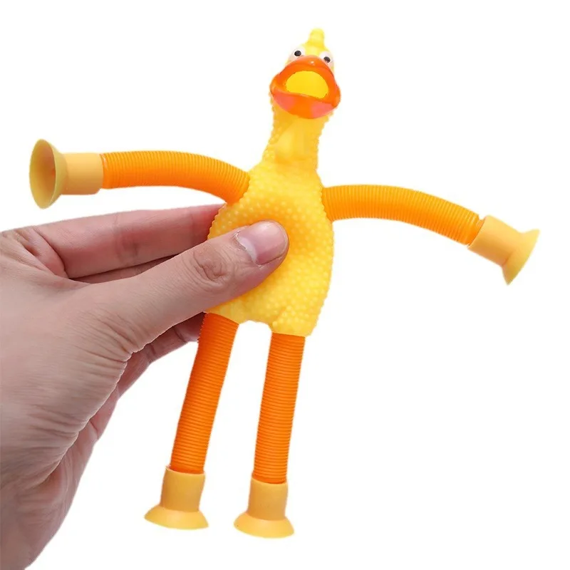 Wholesale Multi-color LED Light-Up Sensory Fidget Tube Rubber Chicken Toy for Kids Pops Tube With Suction Cup Box Packed