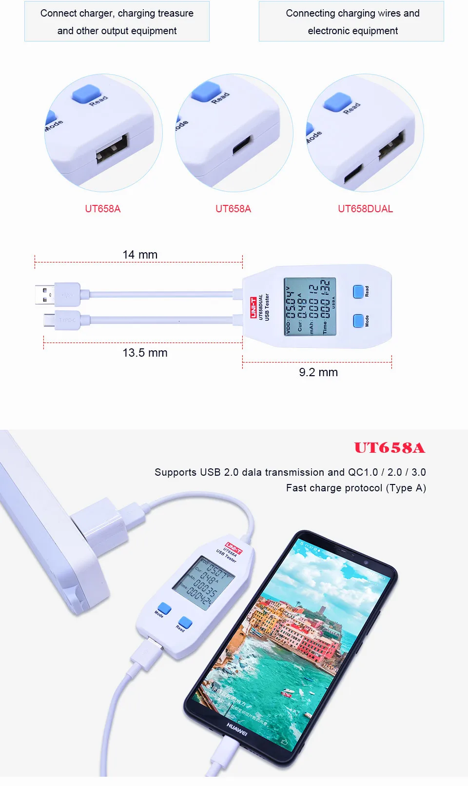 UNI-T UT658 Dual USB Tester Charger for Mobile Phones Type A/C Interface 6-24V DC Voltage Range Fast Charge Phone Fixing TOOLS