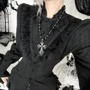 Victorianesque Gothic Textured Blouse Gothic Dark Floral Jacquard Textured Slim - Fit Long - Sleeve Blouse for Women