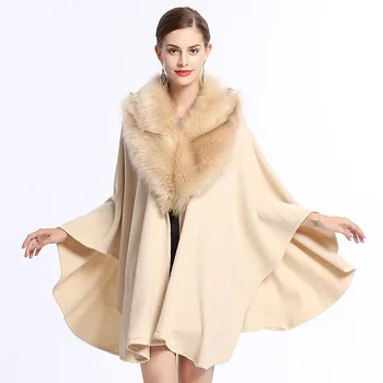Luxury temperament big fur collar capes cloak women's faux fur shawl cape Wrap coats wholesale