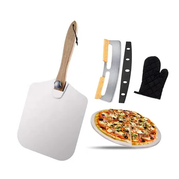 New Listing Pack of 4 Pizza Tools Kit Rocker Cutter Foldable 14inch Aluminum Pizza Peel And Oven Stone Set For Baking Grilling