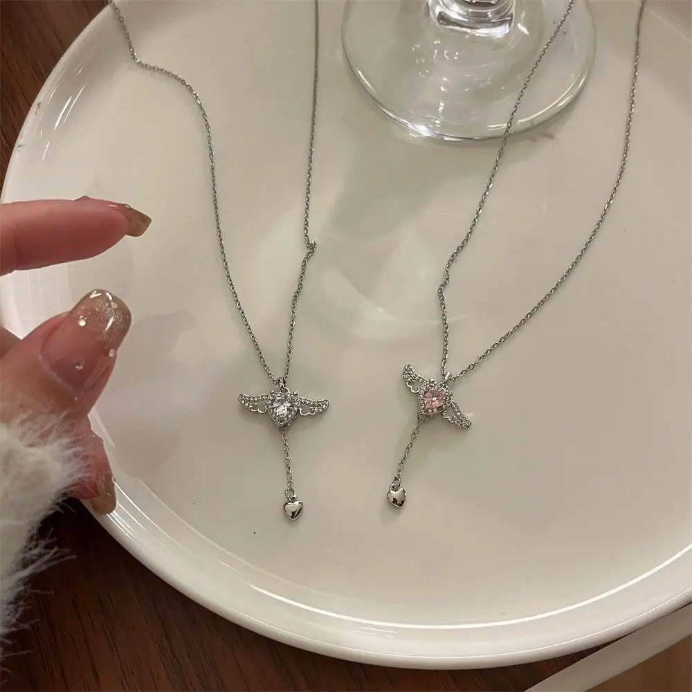 Girl's Neck Chain Cupid Arrow Necklace Pink Crystal Angel Wings Heart Pendant Necklace for Woman Minimalist Jewelry