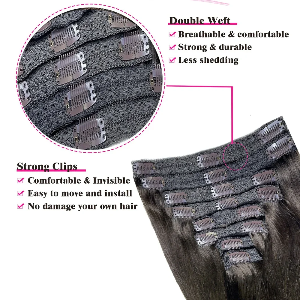 Clip-in-Haarverlängerungen aus glattem Echthaar, Farbe Nr. 2, 8 Stück mit 18 Clips, 100 % brasilianisches Echthaar, 120 g, für Frauen_voghion.com